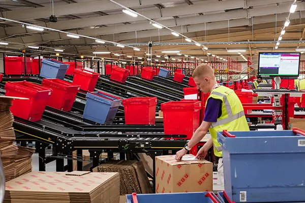 Tote bin fed order packing function with packed cartons moved away on an inclined belt conveyor