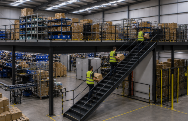 Manual Operations with three people in yellow hi viz vest carrying boxes up stairs