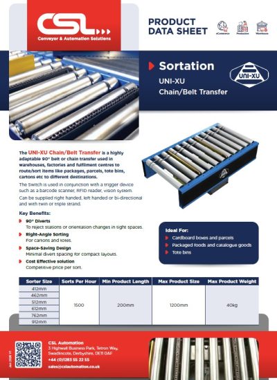 Chain Belt Transfer - Datasheet Snip