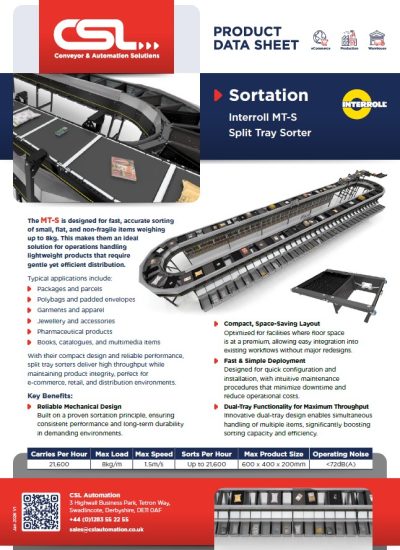 Interroll Split Tray - Datasheet Snip
